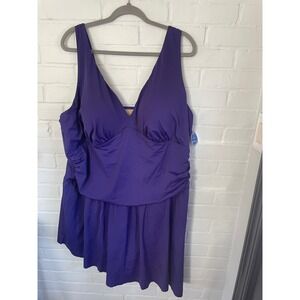 NWT Swimsuits For All Purple Swim Dress Size 32 Ruched Tummy Control One Piece